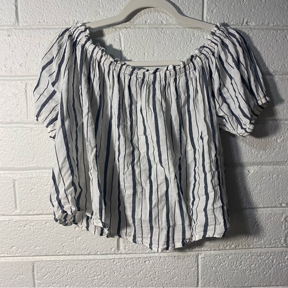 Flouncy Off Shoulder Blue & White Striped Button Down Short Sleeve Blouse Loose - Picture 2 of 8